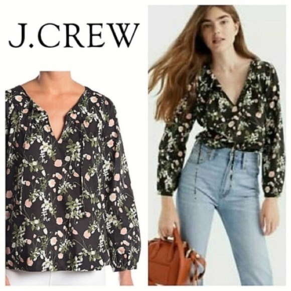 J Crew Point Sur Peasant Top Liberty London Art Fabric Poppy Dream Black Sz XS - Picture 2 of 16
